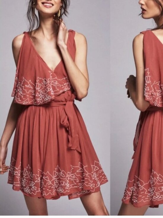 Free People Dresses & Skirts - Free People Sylvia Dusty Rose Embroidered Wrap Dress Ruffle Size Small